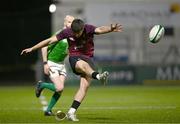 4 January 2025; Dylan Hicks of Ireland kicks a conversion during the friendly match between Ireland U20 and Leinster Development XV at Energia Park in Dublin. Photo by Ben McShane/Sportsfile