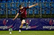 4 January 2025; Dylan Hicks of Ireland kicks a conversion during the friendly match between Ireland U20 and Leinster Development XV at Energia Park in Dublin. Photo by Ben McShane/Sportsfile