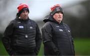 4 January 2025; Cork manager Pat Ryan, right, and selector Donal O'Rourke during the Intercounty Hurling Challenge Match between Waterford and Cork at Fraher Field in Dungarvan, Waterford. Photo by Seb Daly/Sportsfile