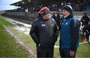 4 January 2025; Cork manager Pat Ryan, left, and Waterford manager Peter Queally after the Intercounty Hurling Challenge Match between Waterford and Cork at Fraher Field in Dungarvan, Waterford. Photo by Seb Daly/Sportsfile