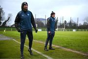 4 January 2025; Waterford selector Dan Shanahan, left, and manager Peter Queally during the Intercounty Hurling Challenge Match between Waterford and Cork at Fraher Field in Dungarvan, Waterford. Photo by Seb Daly/Sportsfile