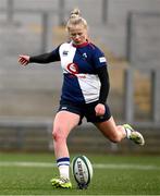 4 January 2025; Dannah O’Brien of Wolfhounds kicks a conversion during the Celtic Challenge match between Wolfhounds and Glasgow Warriors at Kingspan Stadium in Belfast. Photo by Ramsey Cardy/Sportsfile