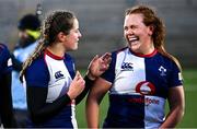 4 January 2025; Katie Corrigan and Caoimhe Molloy of Wolfhounds after the Celtic Challenge match between Wolfhounds and Glasgow Warriors at Kingspan Stadium in Belfast. Photo by Ramsey Cardy/Sportsfile