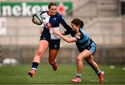 4 January 2025; Katie Corrigan of Wolfhounds evades the tackle of Sky Phimster of Glasgow Warriors during the Celtic Challenge match between Wolfhounds and Glasgow Warriors at Kingspan Stadium in Belfast. Photo by Ramsey Cardy/Sportsfile