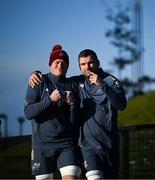 7 January 2025; Jack O'Donoghue, left, and Tadhg Beirne arrive to a Munster Rugby squad training at the University of Limerick in Limerick. Photo by David Fitzgerald/Sportsfile