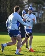 7 January 2025; Caelan Doris, right, during a Leinster Rugby squad training session at UCD in Dublin. Photo by Sam Barnes/Sportsfile