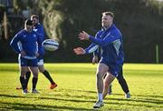 7 January 2025; Ciarán Frawley, right, during a Leinster Rugby squad training session at UCD in Dublin. Photo by Sam Barnes/Sportsfile