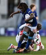 7 January 2025; Leke Mogaji of Wilson's Hospital is tackled by David Cron of St Columba’s College during the Bank of Ireland Leinster Rugby Boys Schools Vinnie Murray Cup 1st Round match between St Columba’s College and Wilson’s Hospital School at Energia Park in Dublin. Photo by Ben McShane/Sportsfile