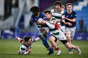 7 January 2025; Leke Mogaji of Wilson's Hospital is tackled by George Priestley, left, and David Cron of St Columba’s College during the Bank of Ireland Leinster Rugby Boys Schools Vinnie Murray Cup 1st Round match between St Columba’s College and Wilson’s Hospital School at Energia Park in Dublin. Photo by Ben McShane/Sportsfile