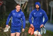 7 January 2025; Ciarán Frawley, left, and James Ryan before a Leinster Rugby squad training session at UCD in Dublin. Photo by Sam Barnes/Sportsfile