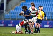 7 January 2025; Leke Mogaji of Wilson's Hospital is tackled by Rory O'Dowd of St Columba’s College during the Bank of Ireland Leinster Rugby Boys Schools Vinnie Murray Cup 1st Round match between St Columba’s College and Wilson’s Hospital School at Energia Park in Dublin. Photo by Ben McShane/Sportsfile