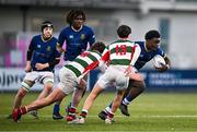 7 January 2025; Yaw Appaih of Wilson's Hospital is tackled by Arthur Morphew of St Columba’s College during the Bank of Ireland Leinster Rugby Boys Schools Vinnie Murray Cup 1st Round match between St Columba’s College and Wilson’s Hospital School at Energia Park in Dublin. Photo by Ben McShane/Sportsfile