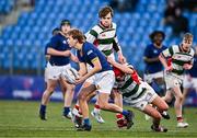 7 January 2025; John Zumerchik of Wilson's Hospital is tackled by Zack Kelly of St Columba’s College during the Bank of Ireland Leinster Rugby Boys Schools Vinnie Murray Cup 1st Round match between St Columba’s College and Wilson’s Hospital School at Energia Park in Dublin. Photo by Ben McShane/Sportsfile