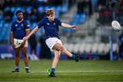 7 January 2025; John Zumerchik of Wilson's Hospital kicks a penalty during the Bank of Ireland Leinster Rugby Boys Schools Vinnie Murray Cup 1st Round match between St Columba’s College and Wilson’s Hospital School at Energia Park in Dublin. Photo by Ben McShane/Sportsfile