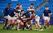 7 January 2025; Thomas Finn of Wilson's Hospital is tackled by St Columba’s College players, from left, George Priestley, Matthew Houlihane and Arthur Morphew during the Bank of Ireland Leinster Rugby Boys Schools Vinnie Murray Cup 1st Round match between St Columba’s College and Wilson’s Hospital School at Energia Park in Dublin. Photo by Ben McShane/Sportsfile