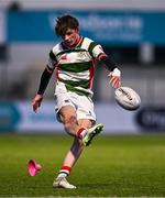 7 January 2025; Rory O'Dowd of St Columba’s College kicks a conversion during the Bank of Ireland Leinster Rugby Boys Schools Vinnie Murray Cup 1st Round match between St Columba’s College and Wilson’s Hospital School at Energia Park in Dublin. Photo by Ben McShane/Sportsfile