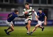 7 January 2025; David Cron of St Columba’s College evades the tackle of Joel Gyasi of Wilson's Hospital during the Bank of Ireland Leinster Rugby Boys Schools Vinnie Murray Cup 1st Round match between St Columba’s College and Wilson’s Hospital School at Energia Park in Dublin. Photo by Ben McShane/Sportsfile