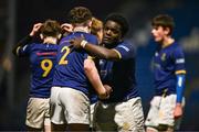 7 January 2025; Yaw Appaih, right, and Mark Glynn of Wilson's Hospital celebrates after the Bank of Ireland Leinster Rugby Boys Schools Vinnie Murray Cup 1st Round match between St Columba’s College and Wilson’s Hospital School at Energia Park in Dublin. Photo by Ben McShane/Sportsfile