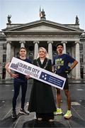 8 January 2025; Pictured at the official opening of entries for the new Dublin City Half Marathon is Lord Mayor of Dublin Emma Blain, with Irish Half Marathon Record Holder, Efrem Gidey of Conliffe Harriers, right, and Lucy Barrett of Raheny AC. The event which will take place on Sunday, 30th of March at 08:30am is organised by the team behind the Irish Life Dublin Marathon and Race Series, in partnership with Dublin City Council, the official event partner. Entries are now open on www.dublincityhalfmarathon.ie. Photo by Sam Barnes/Sportsfile