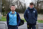 10 January 2025; Aaron Bolger, left, and Mason Melia arrive for a St Patrick's Athletic pre-season training session at the National Indoor Arena on the Sport Ireland Campus in Dublin. Photo by Stephen McCarthy/Sportsfile