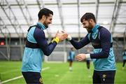 10 January 2025; Zach Elbouzedi, left, and Aidan Keena during a St Patrick's Athletic pre-season training session at the National Indoor Arena on the Sport Ireland Campus in Dublin. Photo by Stephen McCarthy/Sportsfile