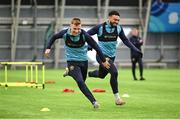 10 January 2025; Brandon Kavanagh and Jake Mulraney, right, during a St Patrick's Athletic pre-season training session at the National Indoor Arena on the Sport Ireland Campus in Dublin. Photo by Stephen McCarthy/Sportsfile