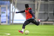 10 January 2025; Al-Amin Kazeem during a St Patrick's Athletic pre-season training session at the National Indoor Arena on the Sport Ireland Campus in Dublin. Photo by Stephen McCarthy/Sportsfile