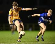 10 January 2025; Senan Baker of DCU Dóchas Éireann shoots under pressure from Joey Nagle of MTU Kerry during the Electric Ireland Higher Education GAA Sigerson Cup Round 1 match between DCU Dóchas Éireann and MTU Kerry at DCU Sportsgrounds in Dublin. Photo by Piaras Ó Mídheach/Sportsfile