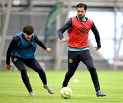 10 January 2025; Zach Elbouzedi and Luke Turner, left, during a St Patrick's Athletic pre-season training session at the National Indoor Arena on the Sport Ireland Campus in Dublin. Photo by Stephen McCarthy/Sportsfile