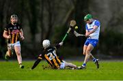 11 January 2025; Jordan Molloy of Kilkenny blocks the shot of Conor Sheahan of Waterford during the Intercounty Hurling Challenge Match between Kilkenny and Waterford at Piltown GAA Club in Kilkenny. Photo by Tyler Miller/Sportsfile