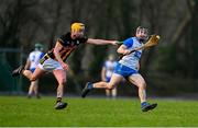 11 January 2025; Jamie Barron of Waterford in action against Killian Doyle of Kilkenny during the Intercounty Hurling Challenge Match between Kilkenny and Waterford at Piltown GAA Club in Kilkenny. Photo by Tyler Miller/Sportsfile