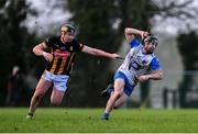 11 January 2025; Jamie Barron of Waterford in action against Gearóid Dunne of Kilkenny during the Intercounty Hurling Challenge Match between Kilkenny and Waterford at Piltown GAA Club in Kilkenny. Photo by Tyler Miller/Sportsfile