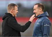 11 January 2025; Munster interim head coach Ian Costello, right, and Saracens Director of Rugby Mark McCall before the Investec Champions Cup Pool 3 match between Munster and Saracens at Thomond Park in Limerick. Photo by David Fitzgerald/Sportsfile