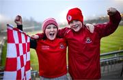 11 January 2025; Coolera-Strandhill supporters Michael Whelan, left, and John Joe Murphy before the AIB GAA Football All-Ireland Senior Club Championship semi-final match between Coolera-Strandhill and Cuala at Kingspan Breffni Park in Cavan. Photo by Ramsey Cardy/Sportsfile