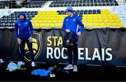 11 January 2025; Hugo Keenan, left, and Sam Prendergast prepare for the Leinster Rugby captain's run at Stade Marcel Deflandre in La Rochelle, France. Photo by Brendan Moran/Sportsfile