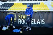 11 January 2025; Hugo Keenan, left, and Sam Prendergast prepare for the Leinster Rugby captain's run at Stade Marcel Deflandre in La Rochelle, France. Photo by Brendan Moran/Sportsfile