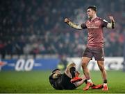 11 January 2025; Jack Crowley of Munster celebrates at the final whistle of the Investec Champions Cup Pool 3 match between Munster and Saracens at Thomond Park in Limerick. Photo by Seb Daly/Sportsfile