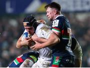 11 January 2025; James McNabney of Ulster is tackled by Jed Holloway of Leicester Tigers during the Investec Champions Cup Pool 1 match between Leicester Tigers and Ulster at Mattioli Woods Welford Road in Leicester, England. Photo by Harry Murphy/Sportsfile