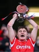 12 January 2025; Watergrasshill captain Seán Desmond lifts the cup after his side's victory in the AIB GAA Hurling All-Ireland Intermediate Club Championship final match between Tynagh/Abbey-Duniry of Galway and Watergrasshill of Cork at Croke Park in Dublin. Photo by Piaras Ó Mídheach/Sportsfile