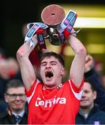 12 January 2025; Watergrasshill captain Seán Desmond lifts the cup after his side's victory in the AIB GAA Hurling All-Ireland Intermediate Club Championship final match between Tynagh/Abbey-Duniry of Galway and Watergrasshill of Cork at Croke Park in Dublin. Photo by Piaras Ó Mídheach/Sportsfile