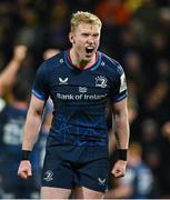 12 January 2025; Jamie Osborne of Leinster celebrates at the final whistle of the Investec Champions Cup Pool 2 match between Stade Rochelais and Leinster at Stade Marcel Deflandre in La Rochelle, France. Photo by Brendan Moran/Sportsfile