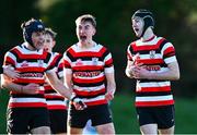 14 January 2025; Cillian Higgins of St Mary's CBS Enniscorthy, right, celebrates with team-mates Donncha O'Hanlon, centre, and Rocco Quigley after scoring their side's first try during the Bank of Ireland Leinster Rugby Boys Schools Fr Godfrey Cup First Round match between St Gerard's School and St Mary's CBS Enniscorthy at Wicklow RFC in Wicklow. Photo by Tyler Miller/Sportsfile