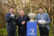 16 January 2025; Leinster Rugby and WiiStream have this morning announced a new partnership that sees the Cork-based company become the new streaming partner of Leinster. The new partnership begins next week with Round 1 of the Bank of Ireland Leinster Rugby Schools Senior Cup between St Gerard’s and St Michael’s in Energia Park, and will include a further six first round games as well as other games and finals across the domestic calendar in the weeks and months ahead. All games will be available on a new platform called, Leinster Rugby Plus, with games starting from €10. In attendance at the launch were WiiStream Co-Founders, Chief Executive Officer Patrick Magee, left, and Chief Operating Officer Fionn Herlihy, right, alongside Leinster Rugby Senior communications & media manager Marcus Ó Buachalla, centre, with the Leinster Schools Senior Challenge Cup at UCD in Dublin. Photo by Sam Barnes/Sportsfile