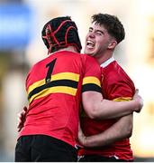 15 January 2025; Ben Tomkins of CBC Monkstown, right,  celebrates with team-mate Charlie Campbell after their side's victory in the Bank of Ireland Leinster Rugby Boys Schools Vinnie Murray Cup quarter-final match between CBC Monkstown and The King’s Hospital School at Energia Park in Dublin. Photo by Tyler Miller/Sportsfile