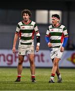 7 January 2025; Arthur Morphew, left, and Matthew Houlihane of St Columba’s College during the Bank of Ireland Leinster Rugby Boys Schools Vinnie Murray Cup 1st Round match between St Columba’s College and Wilson’s Hospital School at Energia Park in Dublin. Photo by Ben McShane/Sportsfile