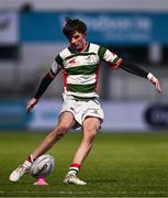 7 January 2025; Rory O'Dowd of St Columba’s College kicks a conversion during the Bank of Ireland Leinster Rugby Boys Schools Vinnie Murray Cup 1st Round match between St Columba’s College and Wilson’s Hospital School at Energia Park in Dublin. Photo by Ben McShane/Sportsfile