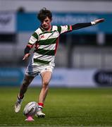 7 January 2025; Rory O'Dowd of St Columba’s College kicks a conversion during the Bank of Ireland Leinster Rugby Boys Schools Vinnie Murray Cup 1st Round match between St Columba’s College and Wilson’s Hospital School at Energia Park in Dublin. Photo by Ben McShane/Sportsfile