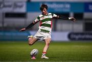 7 January 2025; Rory O'Dowd of St Columba’s College kicks a conversion during the Bank of Ireland Leinster Rugby Boys Schools Vinnie Murray Cup 1st Round match between St Columba’s College and Wilson’s Hospital School at Energia Park in Dublin. Photo by Ben McShane/Sportsfile