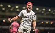 17 January 2025; Mike Lowry of Ulster celebrates after his side's fifth try scored by teammate Ben Carson, not pictured, during the Investec Champions Cup Pool 1 match between Ulster and Exeter Chiefs at the Kingspan Stadium in Belfast. Photo by Ben McShane/Sportsfile