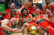 18 January 2025; Killester players celebrate with the Pat Duffy Cup after their side's victory in the Basketball Ireland Men's Pat Duffy National Cup final match between Killester and UCC Demons at the National Basketball Arena in Tallaght, Dublin. Photo by Shauna Clinton/Sportsfile